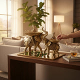 Home Sajawat antique gold elephant figurines with decorative bowls and seated figures, ornate saddles, set of 2.