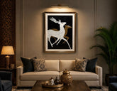 Home Sajawat framed wall art featuring white and gold deer silhouettes on a black background in a luxury living room.