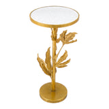 Home Sajawat gold leaf accent table with round white crackled top and ornate stem, perfect for living rooms or bedrooms.