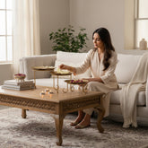 Home Sajawat set of three decorative gold tiered serving stands with textured plates and twisted metal legs.