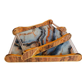 Home Sajawat decorative serving tray set with marble-effect teal and gold patterns, acrylic frame, and gold edges.