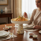 Home Sajawat white cake stand with gold leaf and butterfly embellishments on pedestal base.