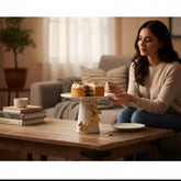 Home Sajawat white ceramic tiered serving stand with gold butterfly and leaf accents. Ideal for cakes and desserts.