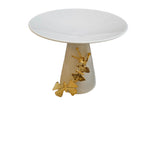 Home Sajawat white ceramic tiered serving stand with gold leaf accents, ideal for cakes and desserts.