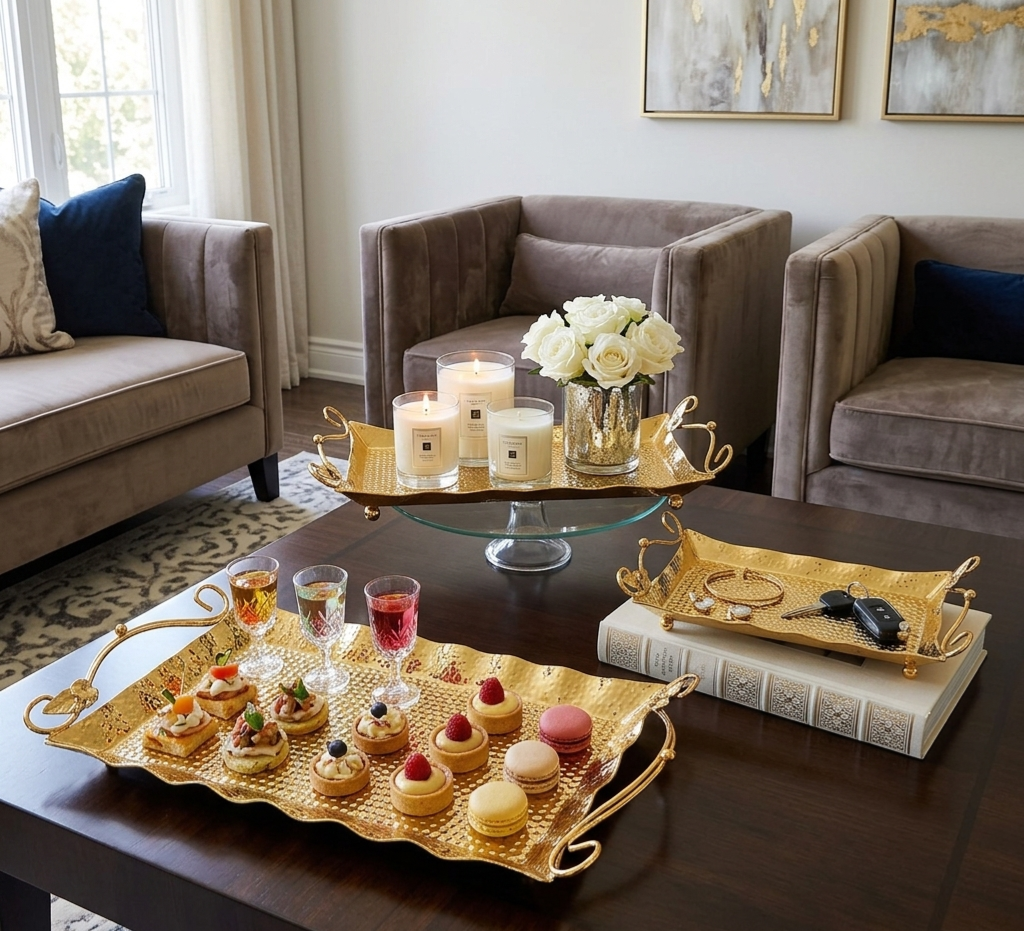 Set Of Three Decorative Golden Serving Trays