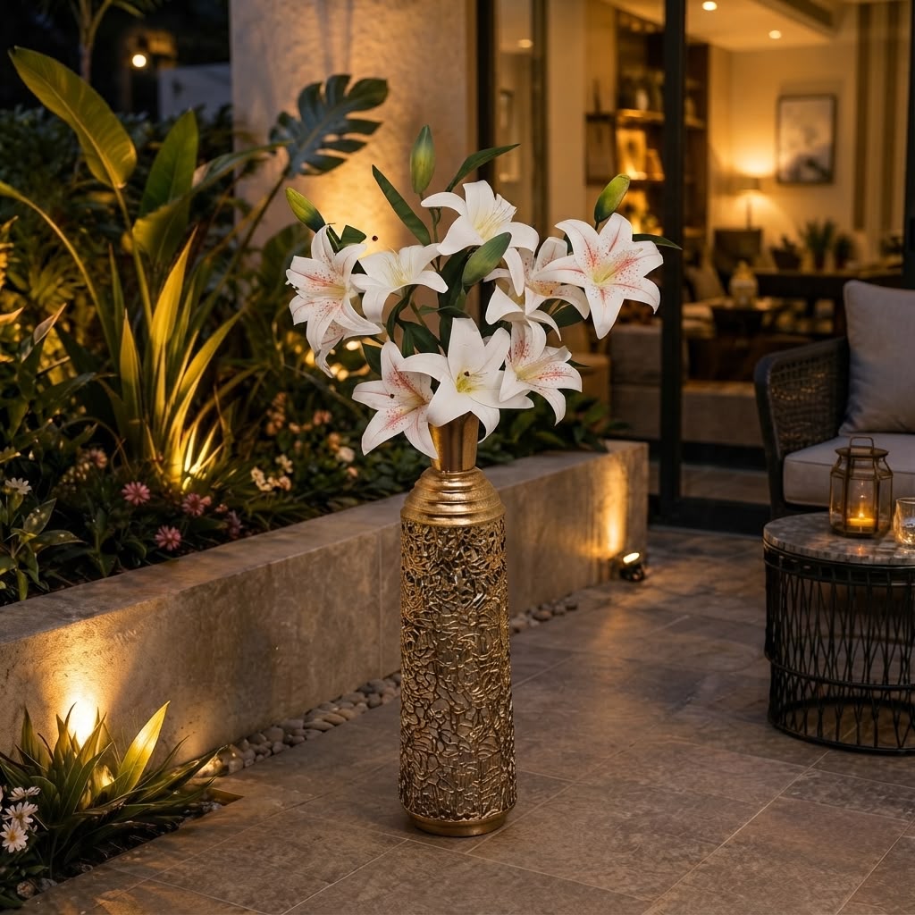 Decorative Metal Floor Vase With Artificial Lily Flowers