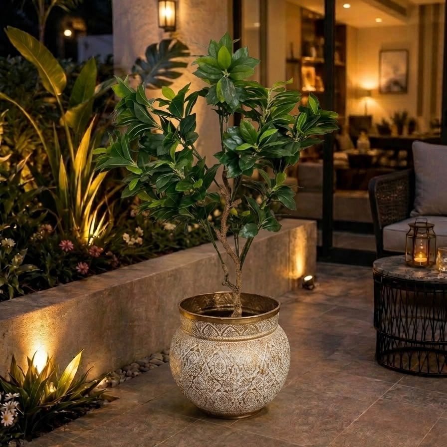 Decorative Indoor Plant With Ornate Fiber Planter