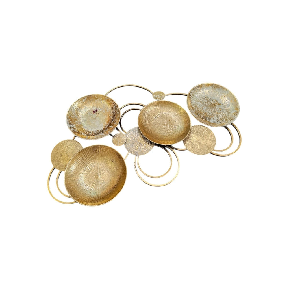 Home Sajawat abstract metal wall art sculpture with gold and silver textured discs and loops.