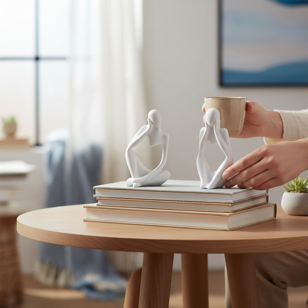 Home Sajawat white abstract thinker statues displayed on a stack of books on a wooden table