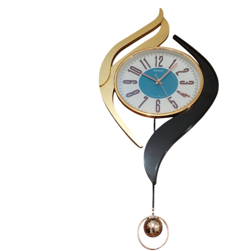 Home Sajawat modern abstract wall clock with teal face, gold bezel, black and gold accents, and pendulum.
