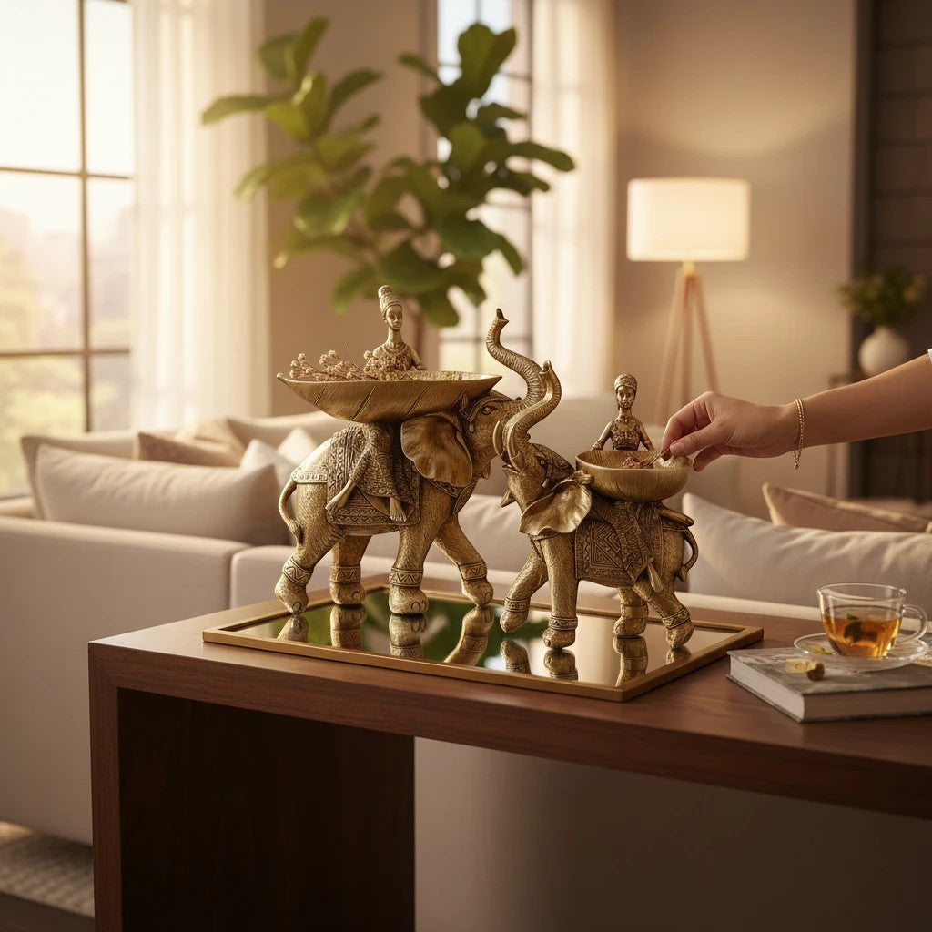 Home Sajawat antique gold elephant figurines with decorative bowls and seated figures, ornate saddles, set of 2.