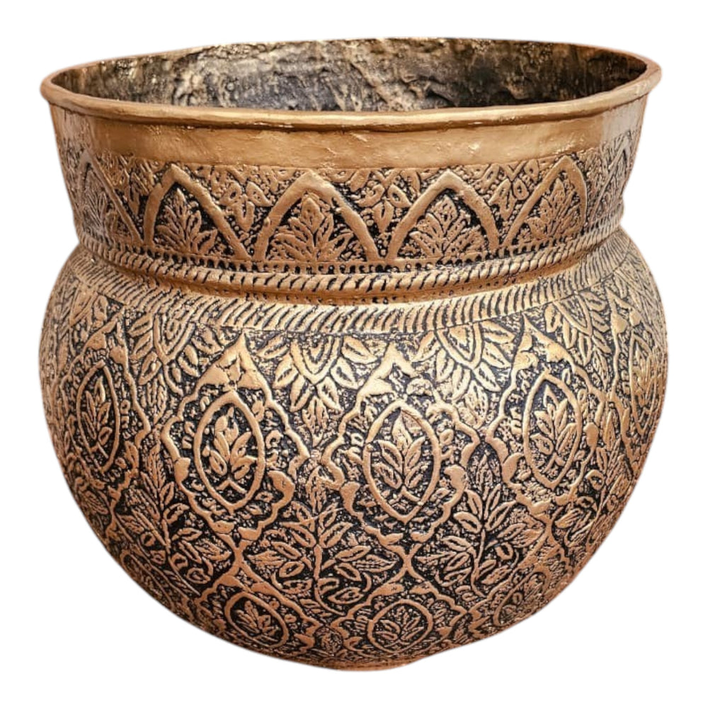 Home Sajawat antique gold and black embossed metal planter pot with intricate detailing.