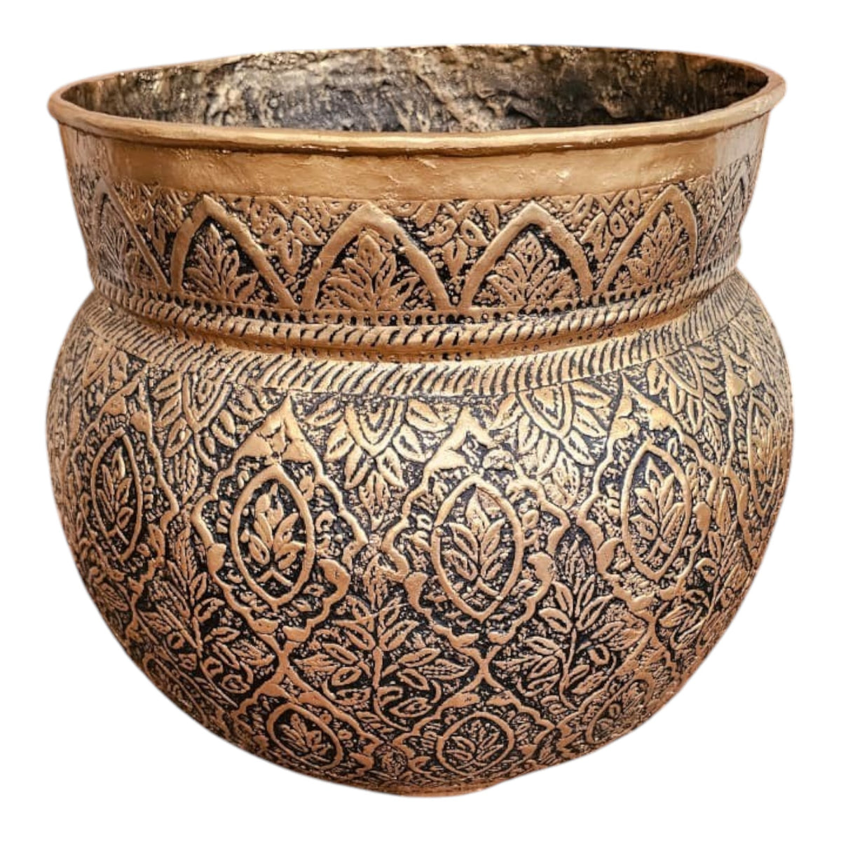 Home Sajawat antique gold and black embossed metal planter pot with intricate detailing.