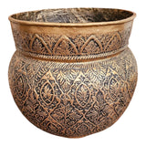 Home Sajawat antique gold and black embossed metal planter pot with intricate detailing.