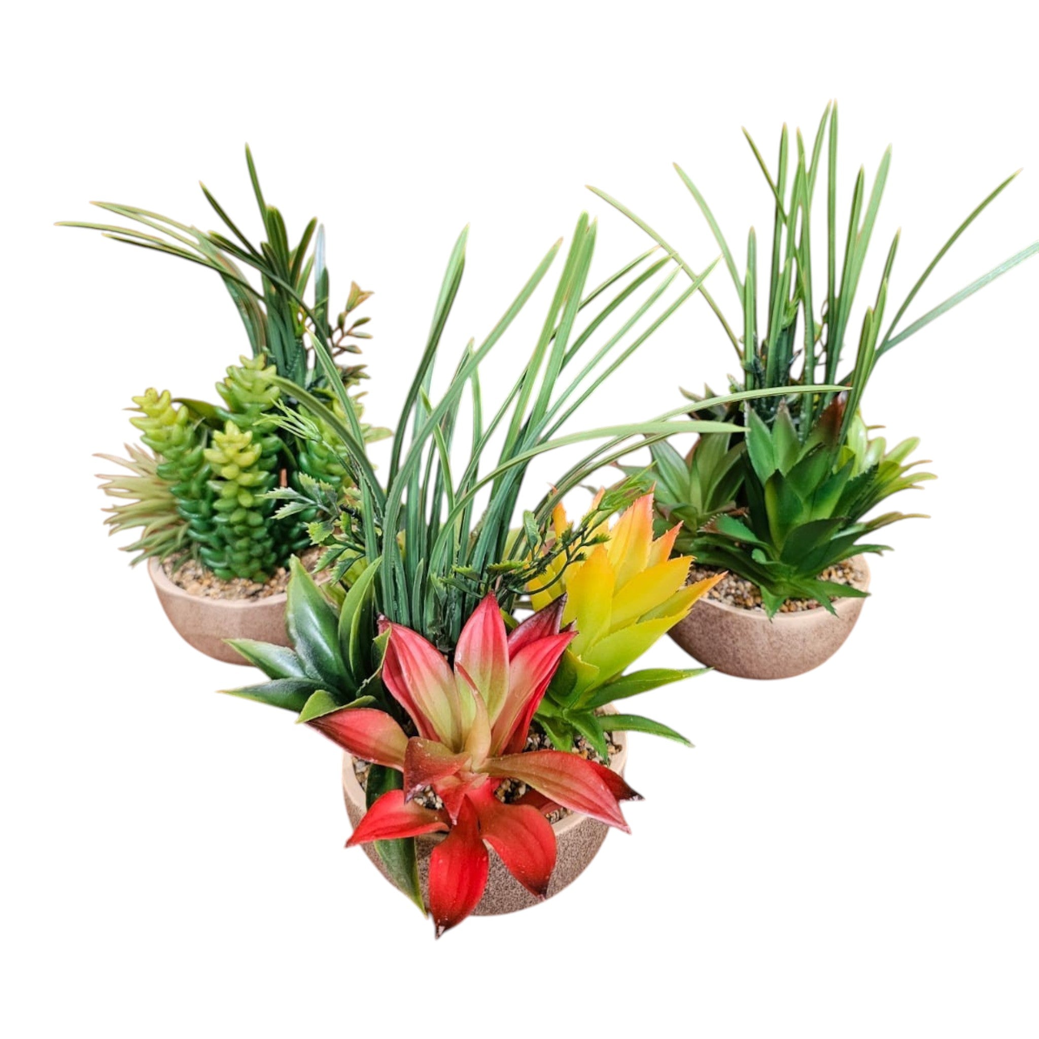 Home Sajawat set of three artificial succulent and floral arrangements in textured pots on a wooden floor