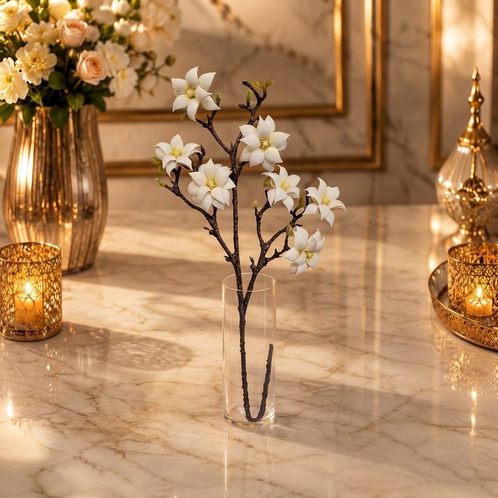 Home Sajawat artificial white magnolia floral branch in a clear glass vase on a marble table with warm candle lighting.