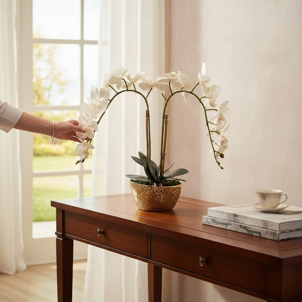 Home Sajawat artificial white Phalaenopsis orchid with silk blooms in a textured gold ceramic pot on a wooden table.