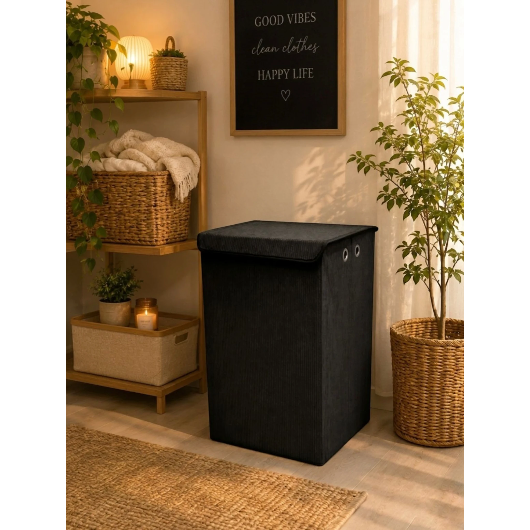 Home Sajawat black corduroy rectangular laundry hamper with lid and metal grommets in a cozy modern living space.