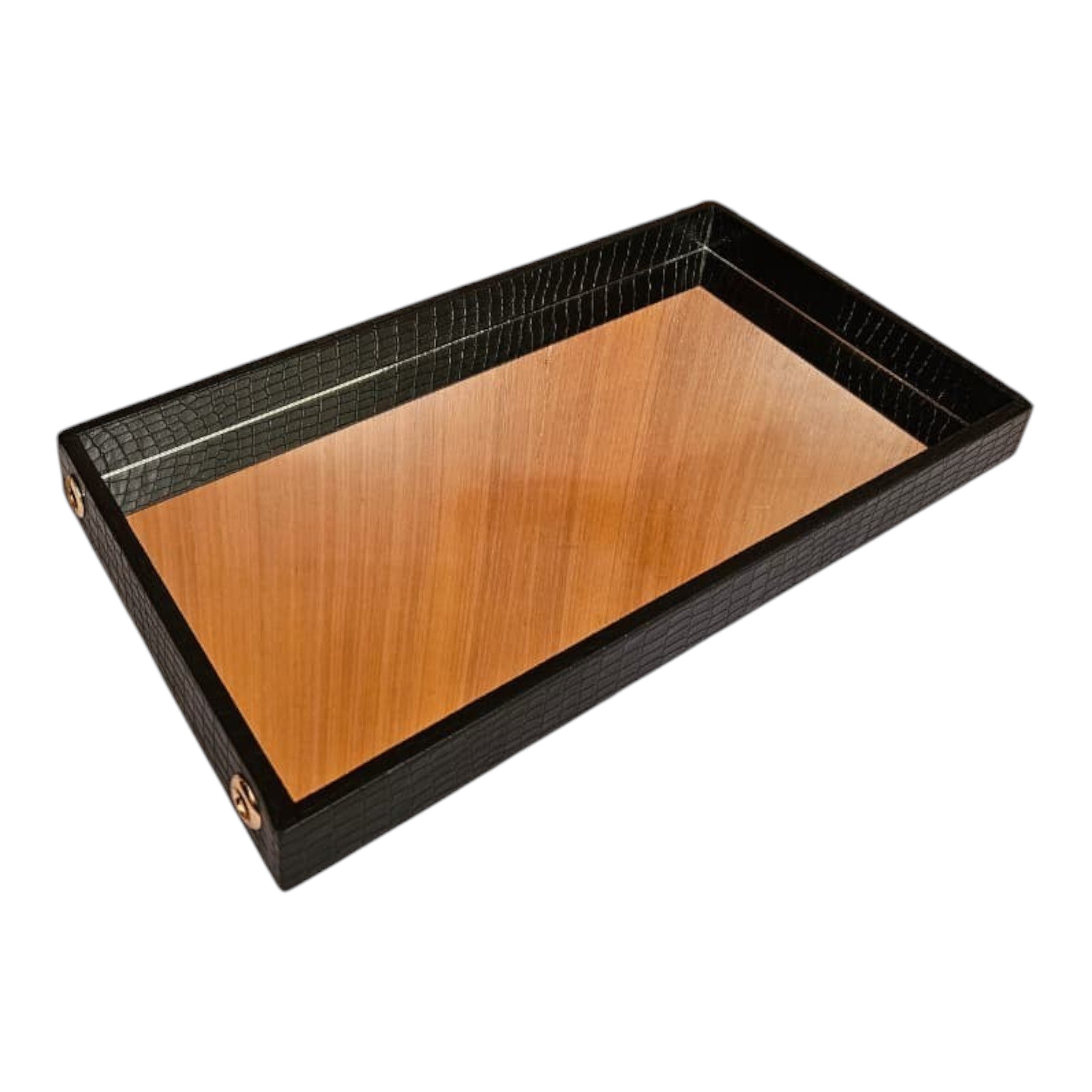 Home Sajawat rectangular black faux-leather crocodile-textured serving tray with a reflective mirrored base.
