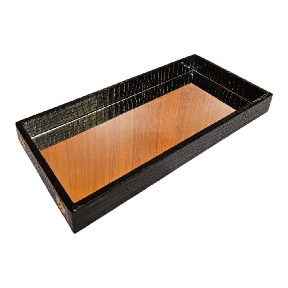Home Sajawat rectangular black faux-leather serving tray with a crocodile texture and a reflective mirror base.