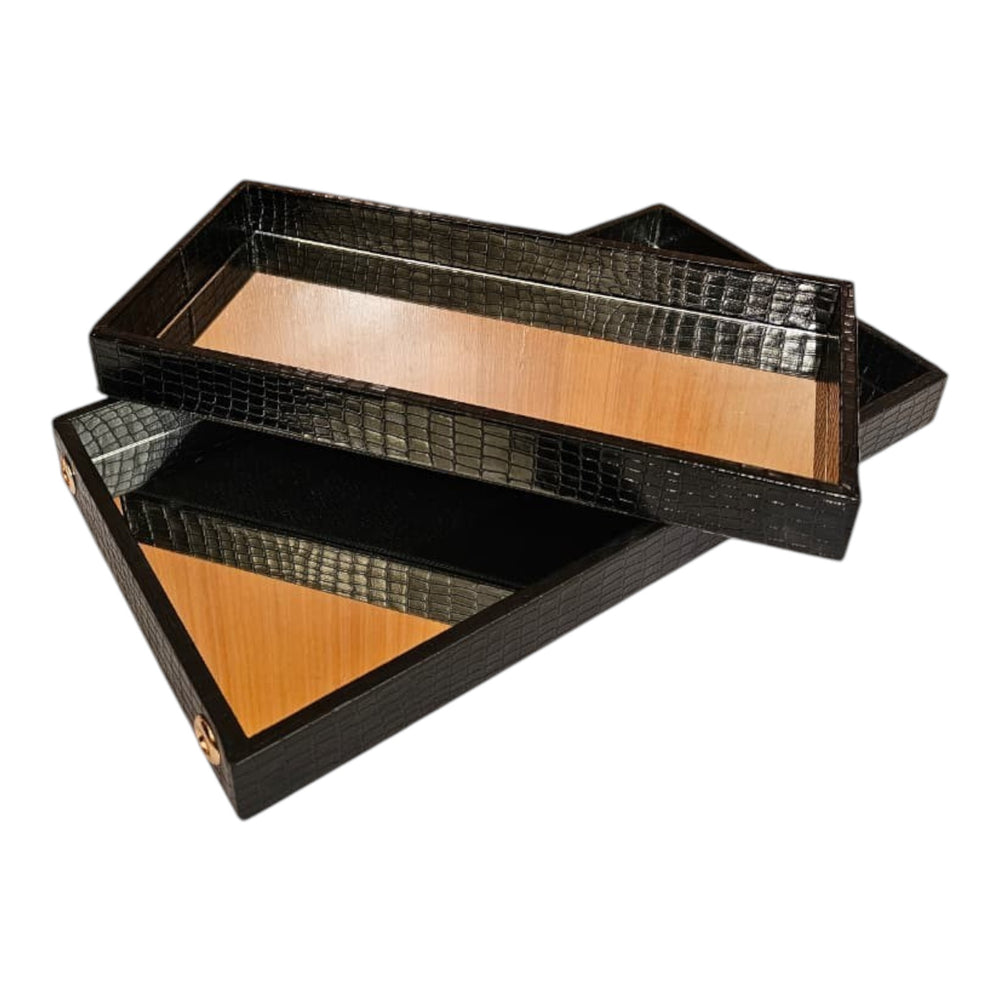Home Sajawat rectangular black faux-leather crocodile-textured serving trays with reflective mirrored bases.