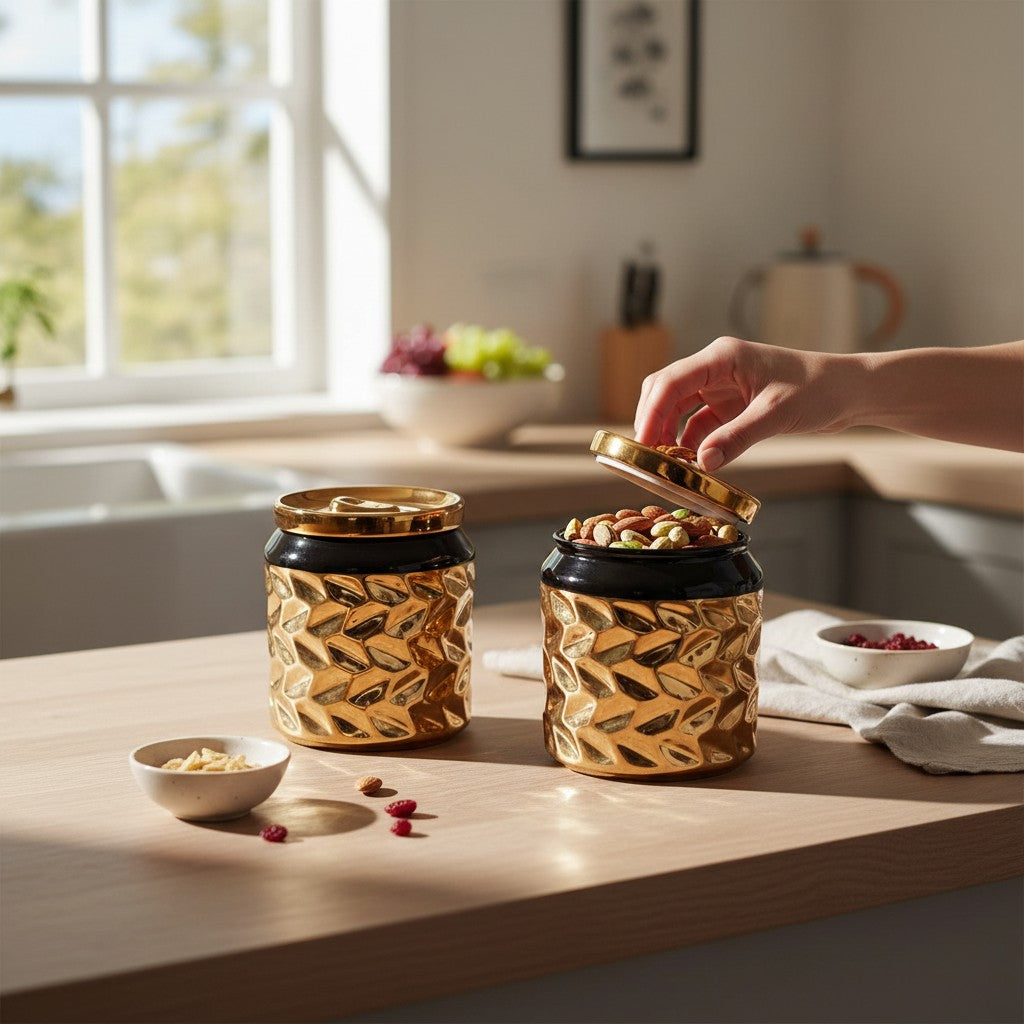 Home Sajawat set of two black and gold textured ceramic storage jars with soda-can style lids on a kitchen counter.