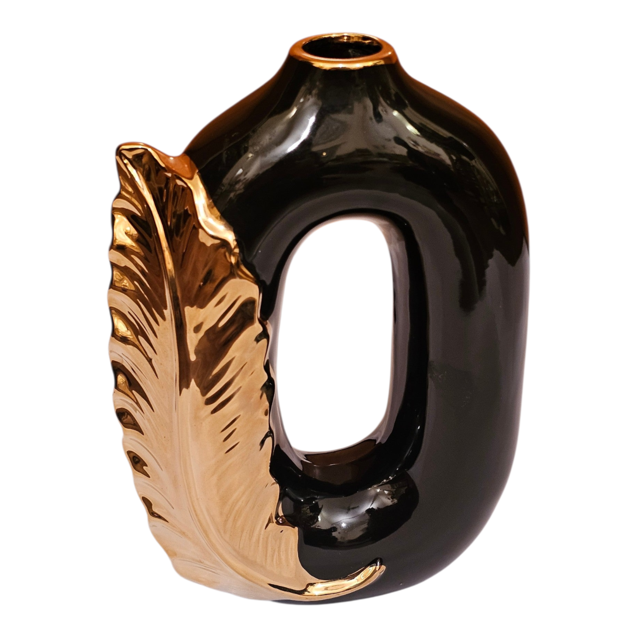 Home Sajawat modern black ceramic vase with a metallic gold feather accent and a unique open-center silhouette.