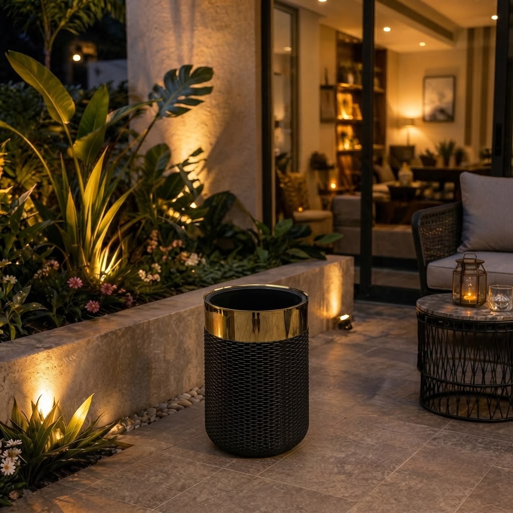 Home Sajawat decorative floor planter with a matte black woven base and a polished gold-tone rim on a patio.