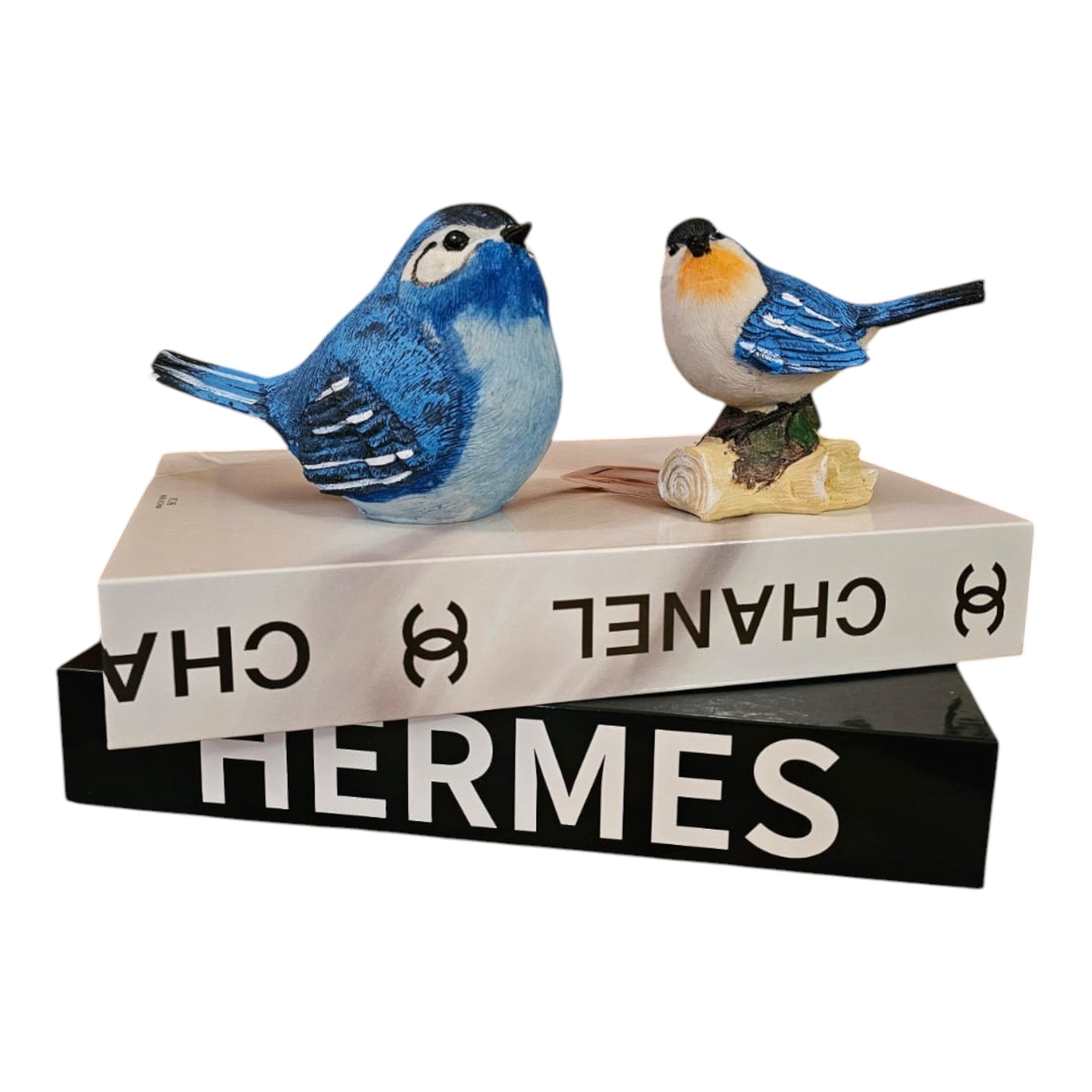 Home Sajawat set of two vibrant blue resin bird figurines displayed on decorative fashion books on a wooden table.
