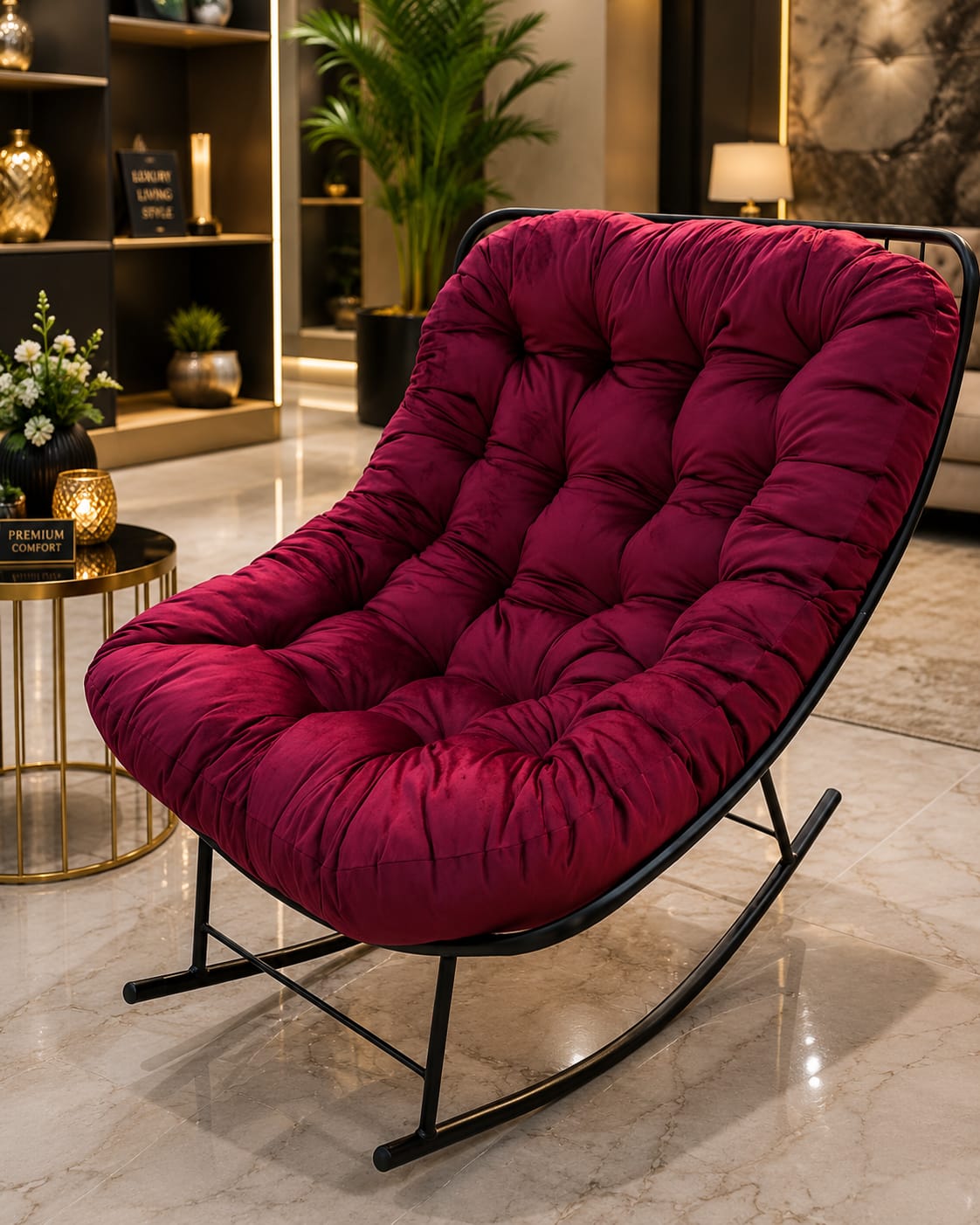 Home Sajawat plush burgundy velvet tufted rocking chair with a sleek black metal frame in a modern living room setting.