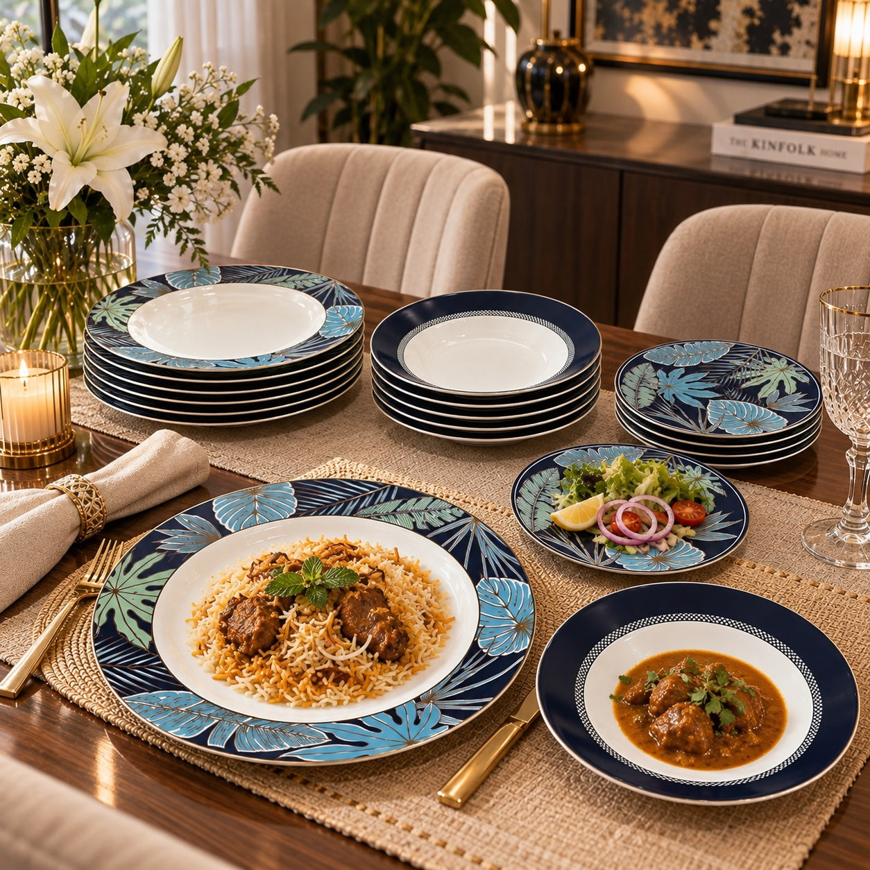Home Sajawat ceramic dinnerware set with blue botanical patterns and striped rims on a wooden dining table.