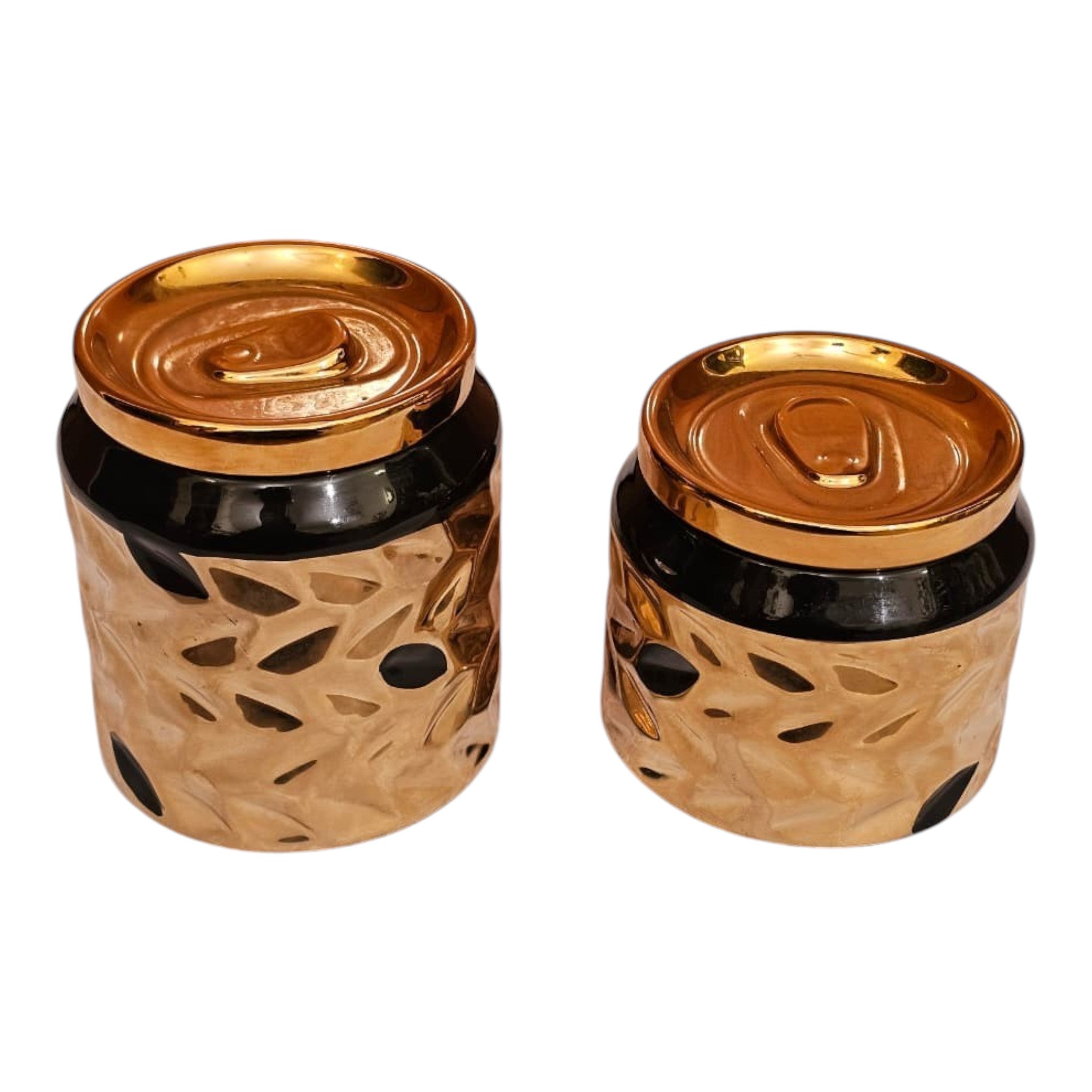 Home Sajawat set of two decorative ceramic storage jars with glossy black and textured metallic gold finish.