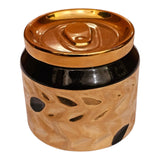 Home Sajawat decorative ceramic storage jar with a glossy black rim and textured metallic gold finish and soda can lid