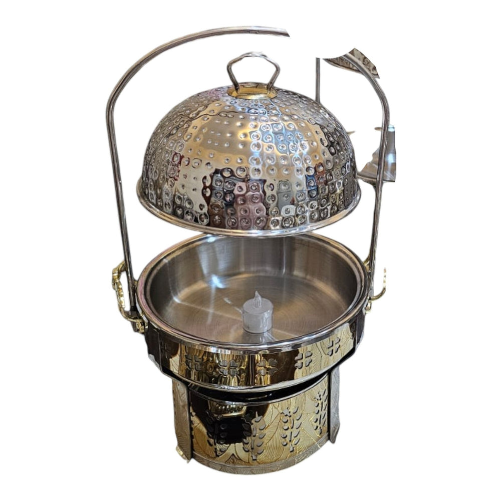Home Sajawat decorative stainless steel chafing dish with hammered lid and embossed stand