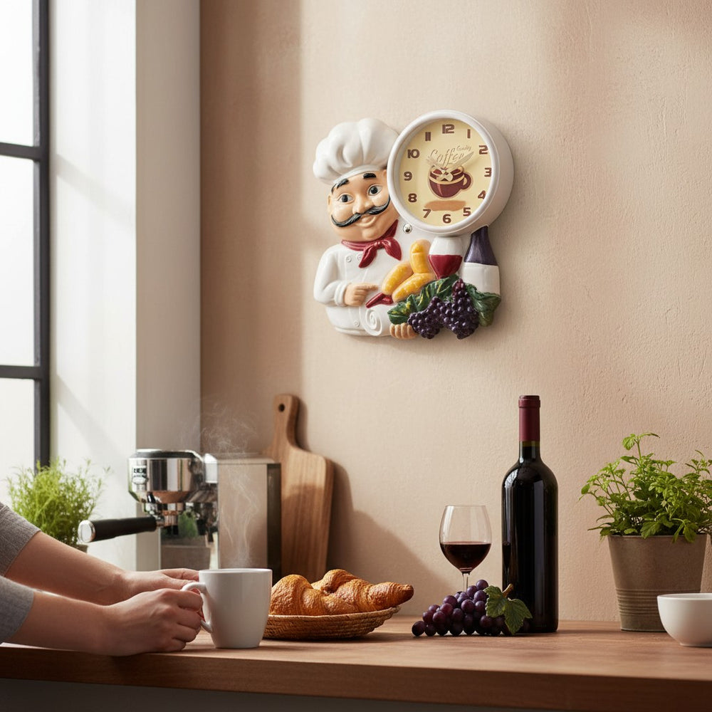 Home Sajawat decorative chef wall clock with coffee graphic, bread, and grapes, mounted on a kitchen wall.