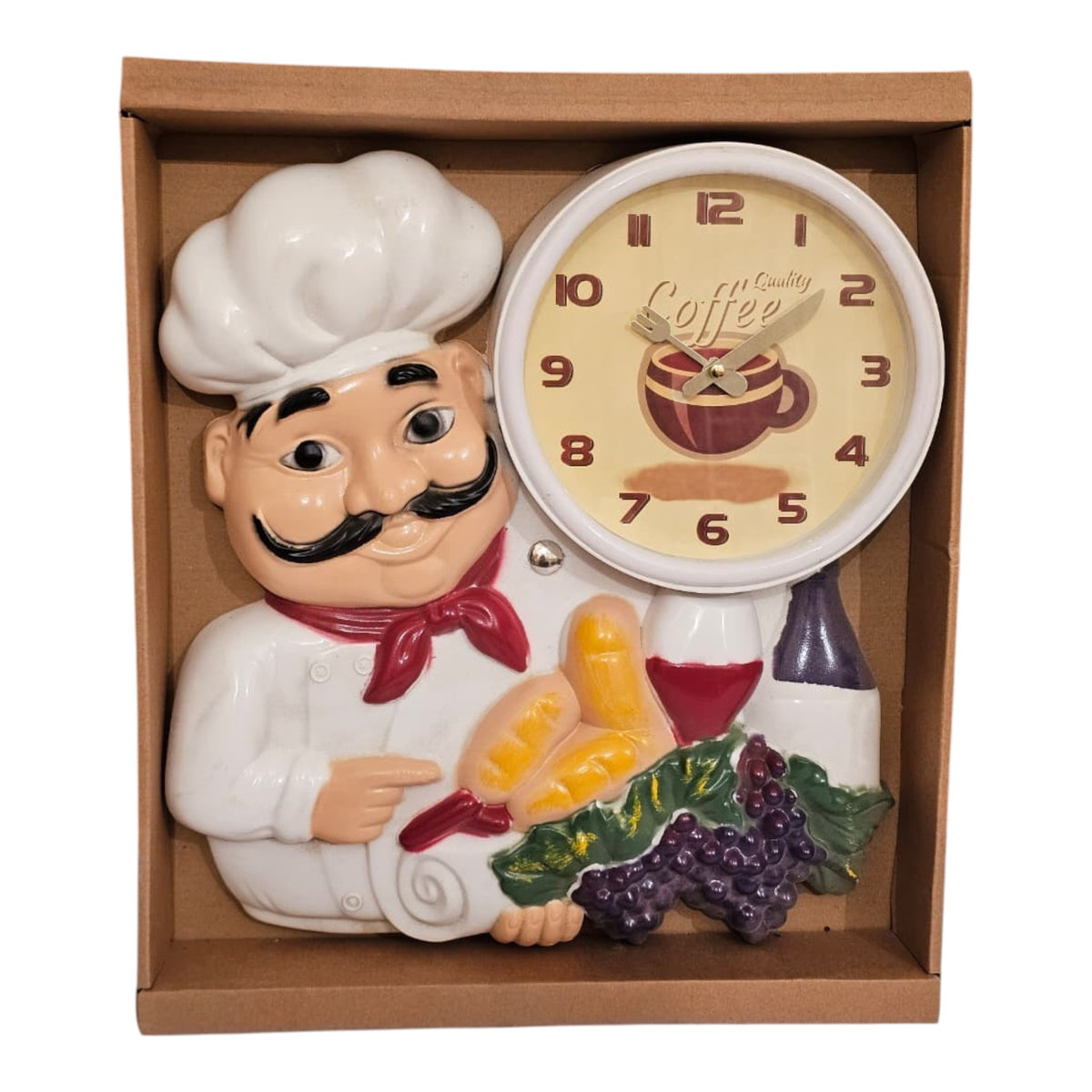 Home Sajawat chef-themed wall clock with coffee motif, hand-painted details, and wine and grape accents.