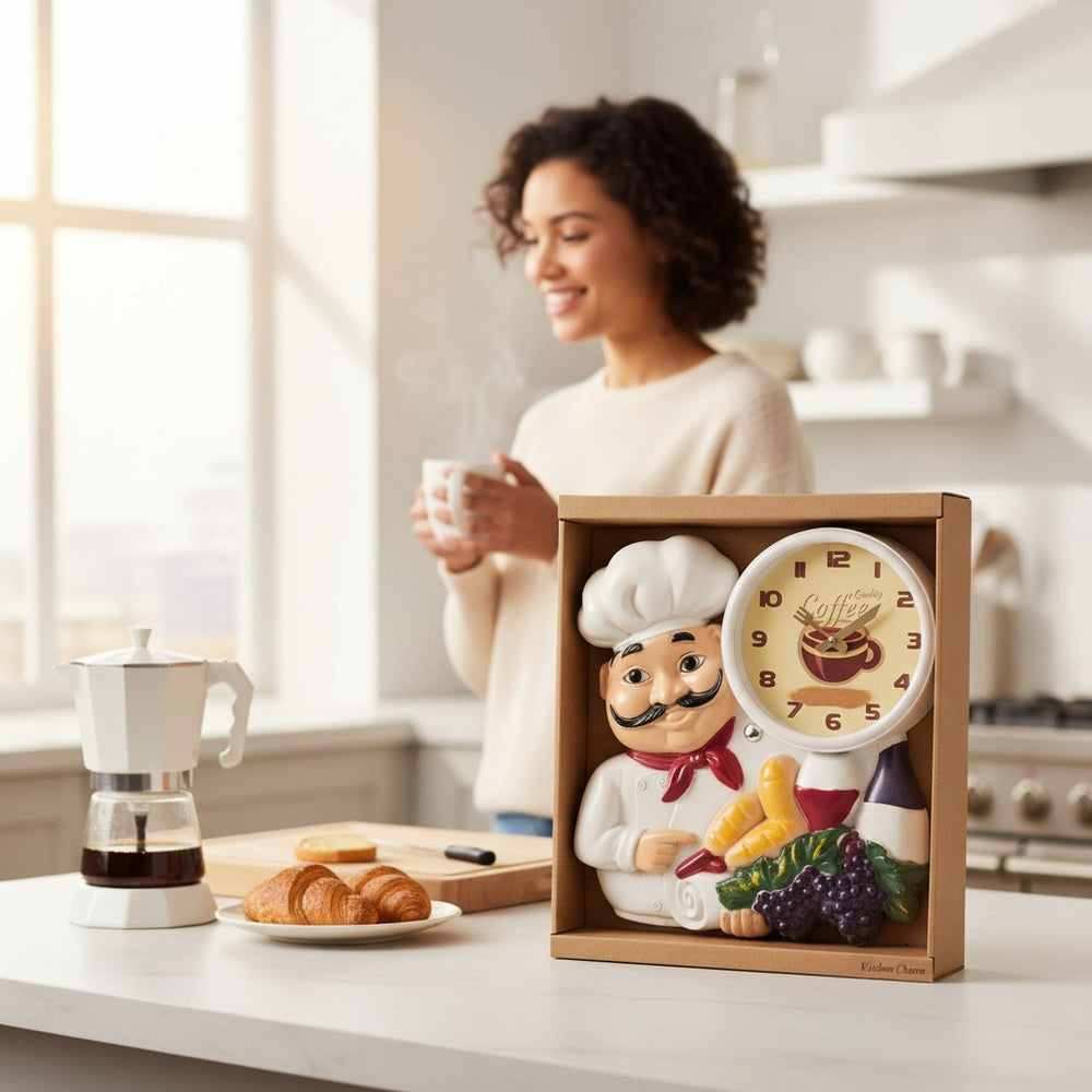Home Sajawat chef-themed wall clock with coffee graphic, bread, and grapes in a kitchen setting.