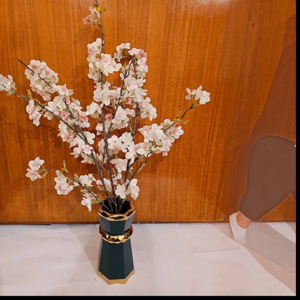 Home Sajawat artificial cherry blossom arrangement with pink and white flowers in a geometric emerald green gold vase