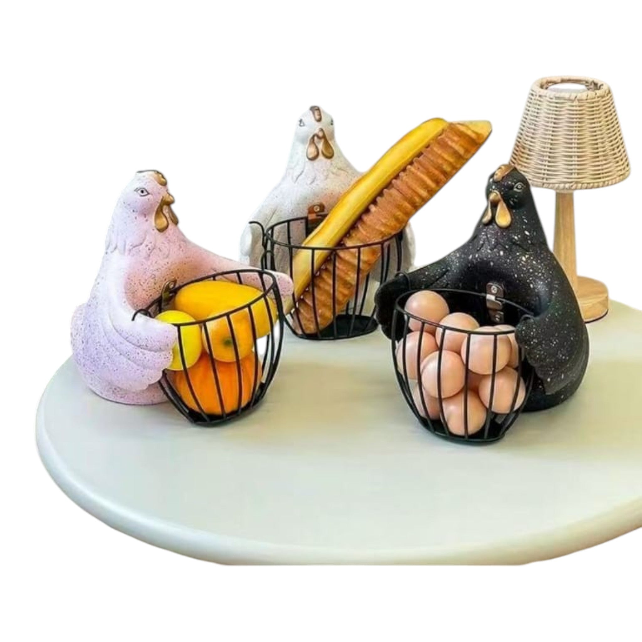 Home Sajawat chicken-shaped wire fruit baskets in pink, white, and black on a white table for farmhouse kitchen decor.