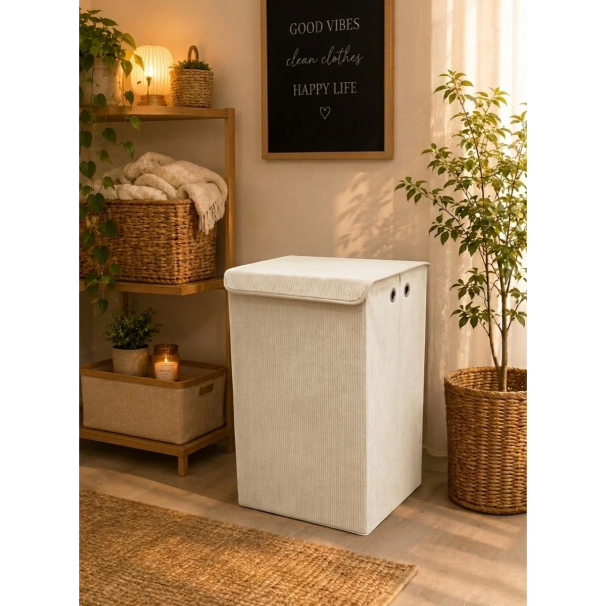 Home Sajawat cream corduroy rectangular laundry hamper with lid and metal grommets in a cozy modern bedroom setting.
