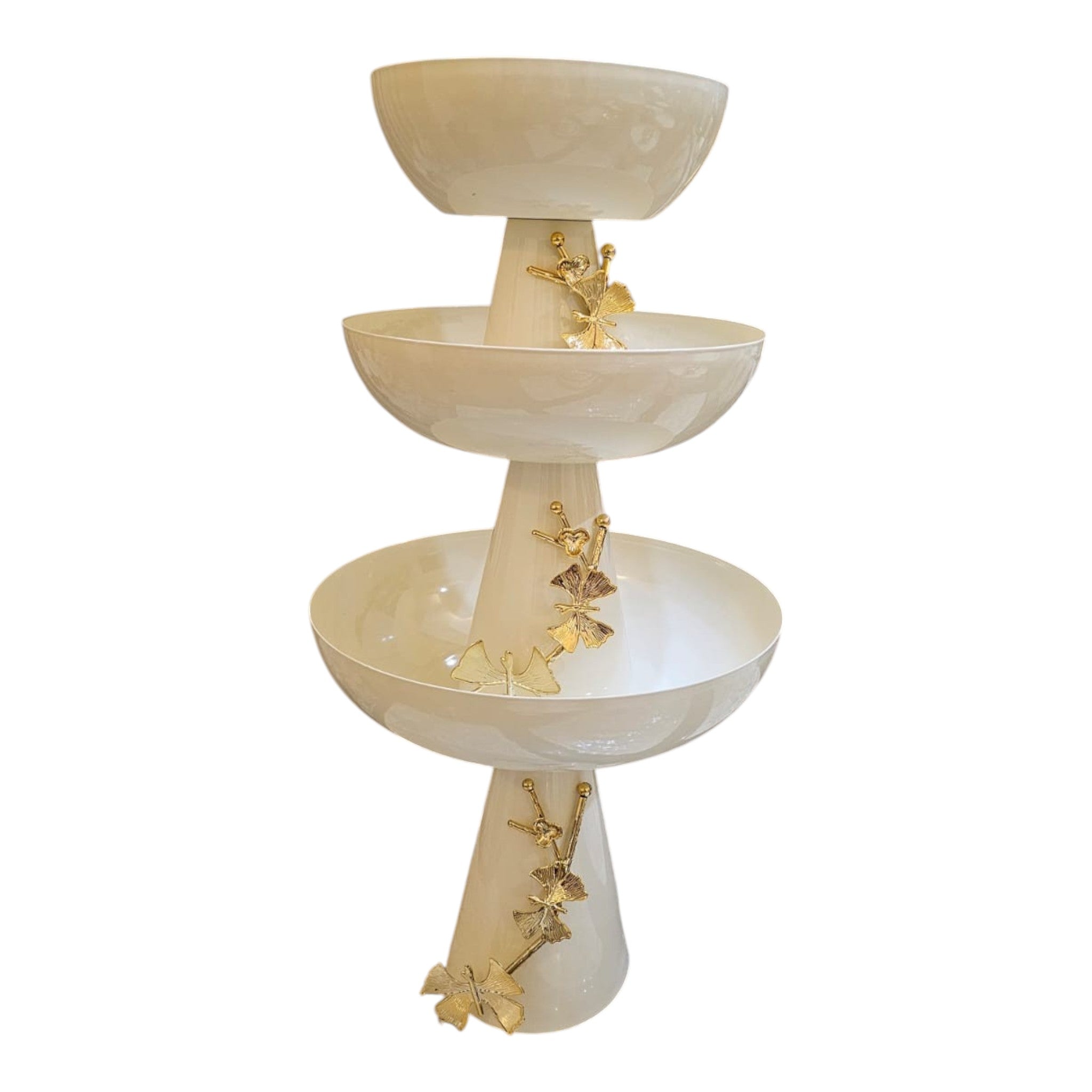 Home Sajawat cream ceramic tiered fruit bowl with gold leaf accents, glossy finish, pedestal base.