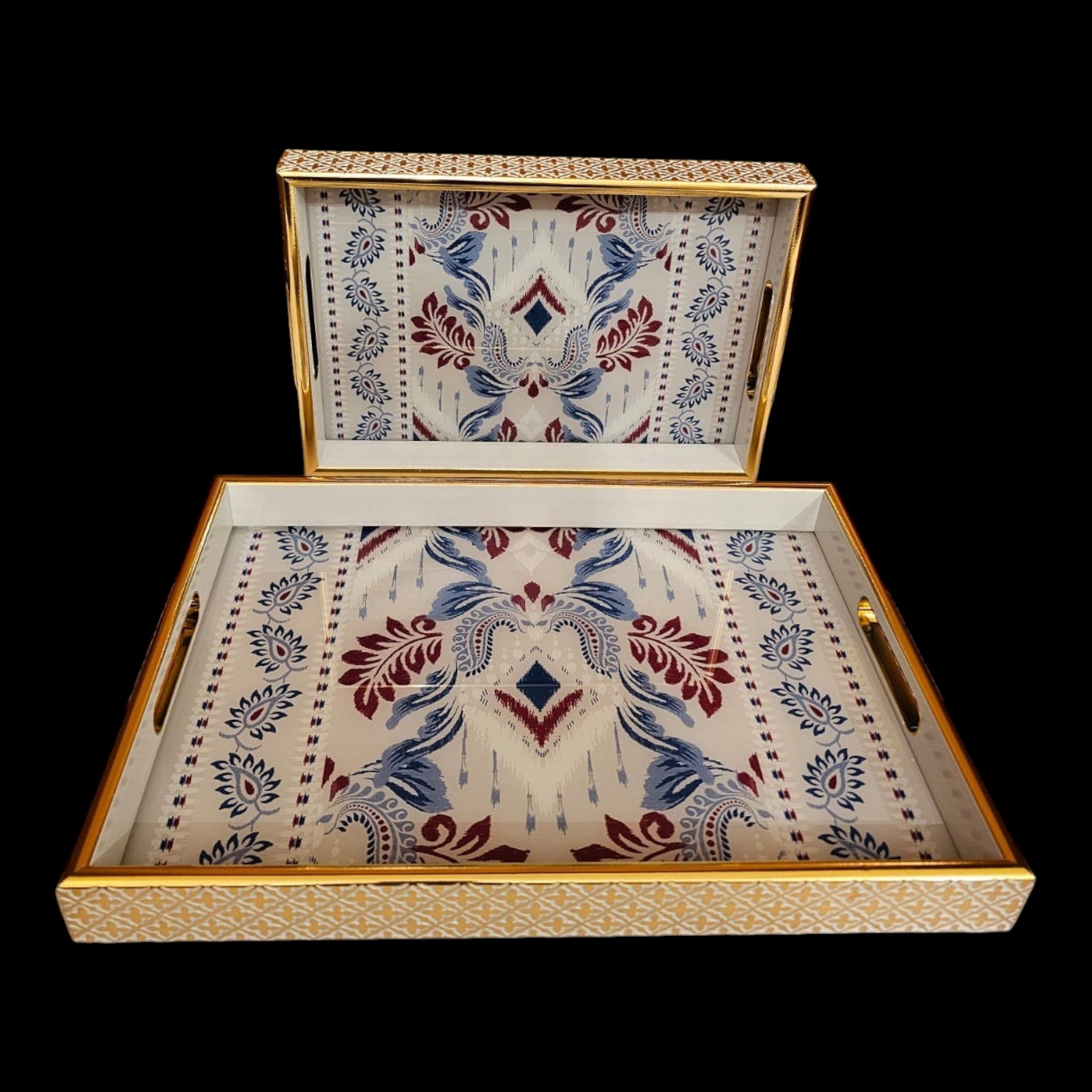 Home Sajawat decorative serving tray set with gold frames and intricate blue and maroon floral ikat patterns