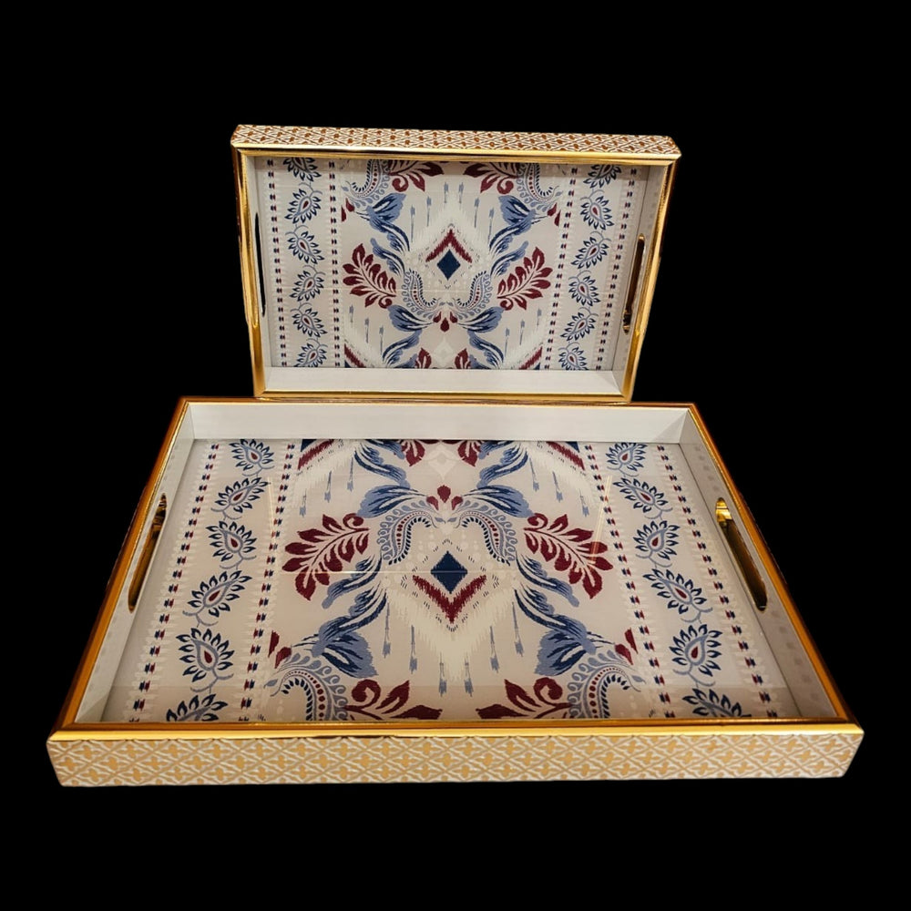 Home Sajawat decorative serving tray set with gold frames and intricate blue and maroon floral ikat patterns