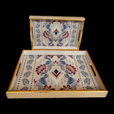 Home Sajawat decorative serving tray set with gold frames and intricate blue and maroon floral ikat patterns