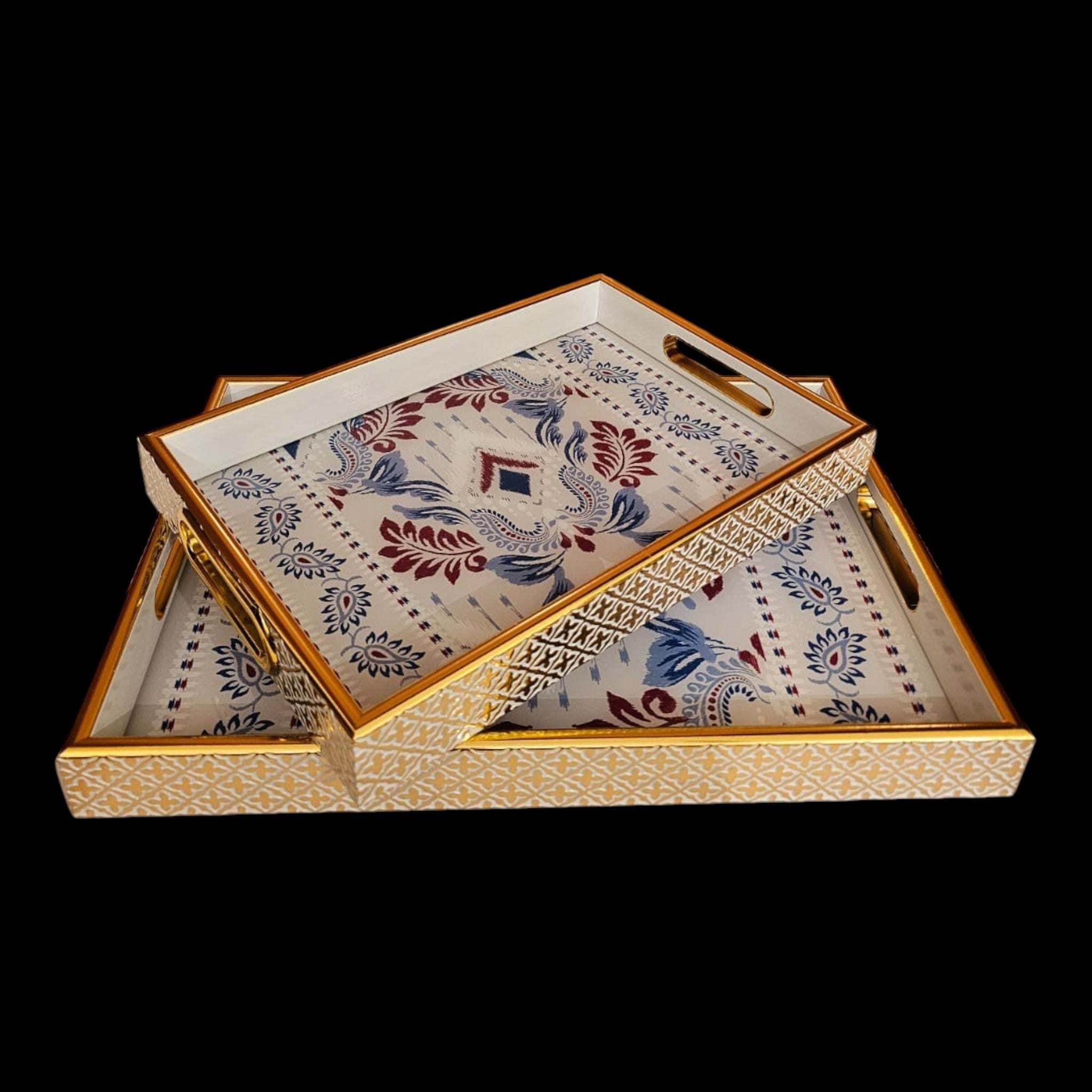 Home Sajawat decorative serving tray set featuring white trays with blue and red floral patterns and gold trim.