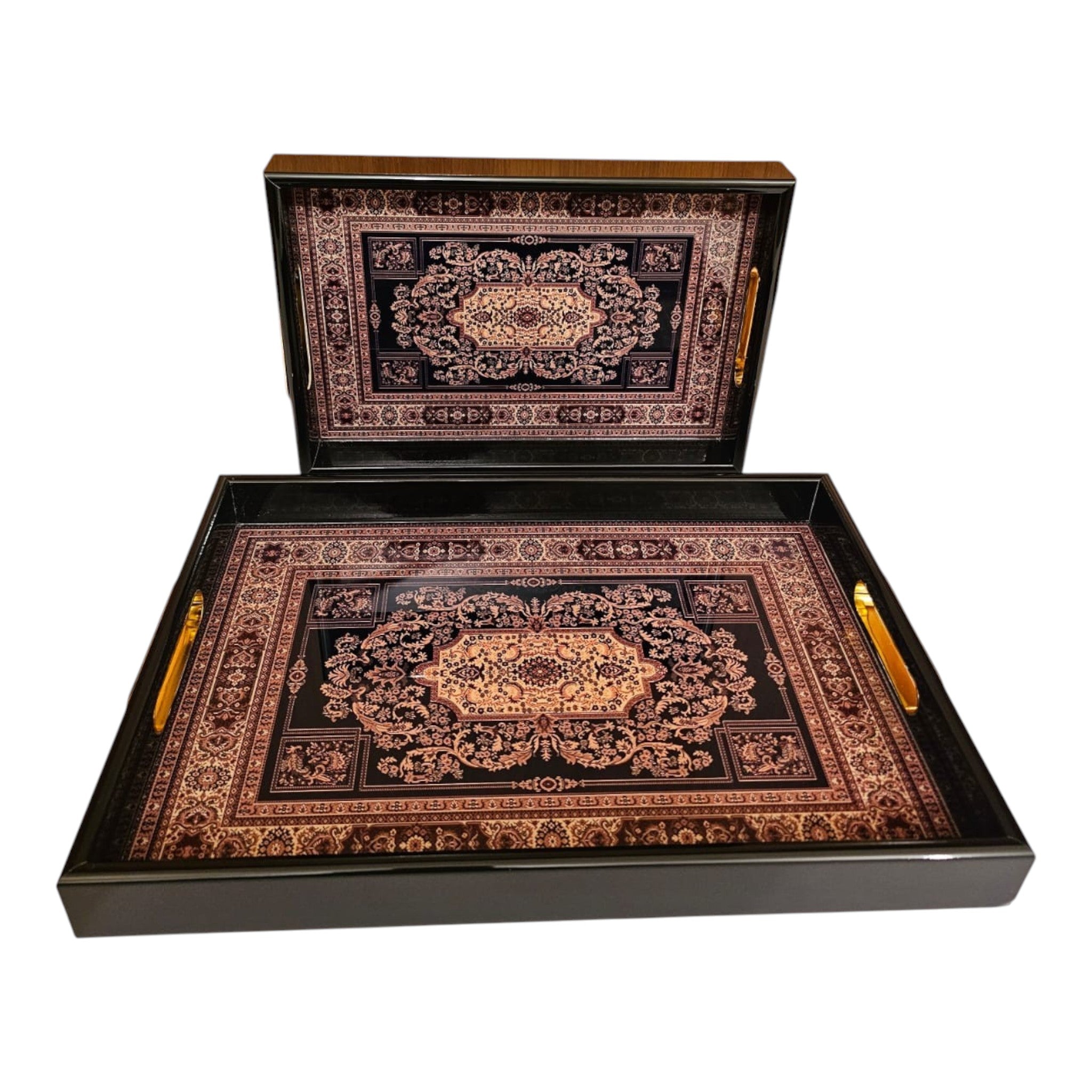 Home Sajawat decorative serving tray set featuring intricate black and gold Persian rug patterns with sturdy gold handles