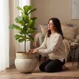 Home Sajawat decorative embossed metal planter pot in white with antique gold accents, featuring intricate floral patterns.