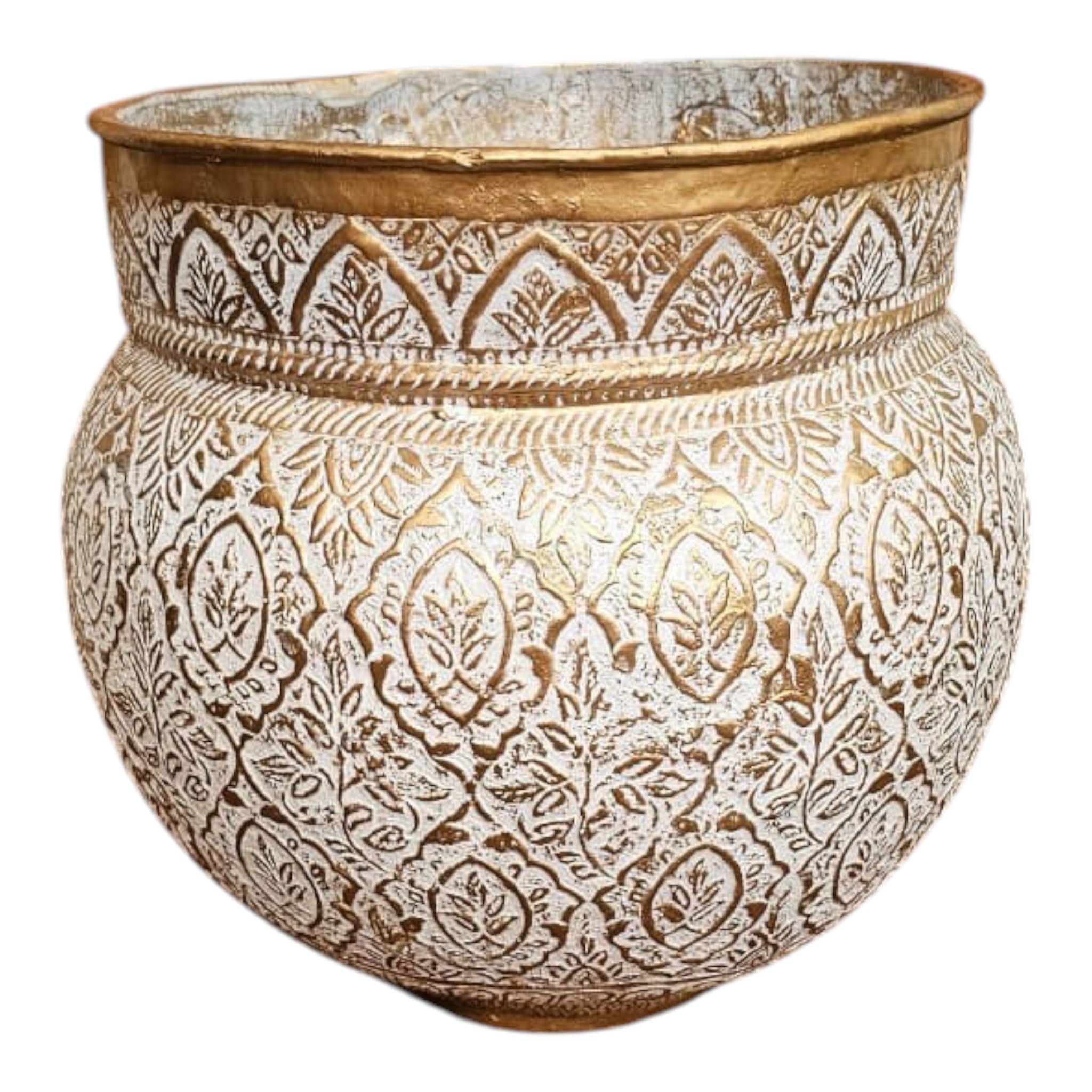 Home Sajawat decorative embossed metal planter pot in white with antique gold accents, perfect for houseplants.