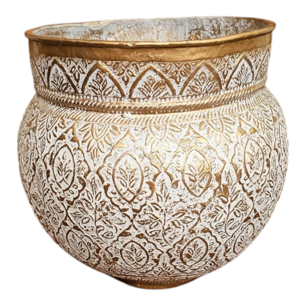 Home Sajawat decorative embossed metal planter pot in white with antique gold accents, perfect for houseplants.