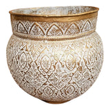 Home Sajawat decorative embossed metal planter pot in white with antique gold accents, perfect for houseplants.